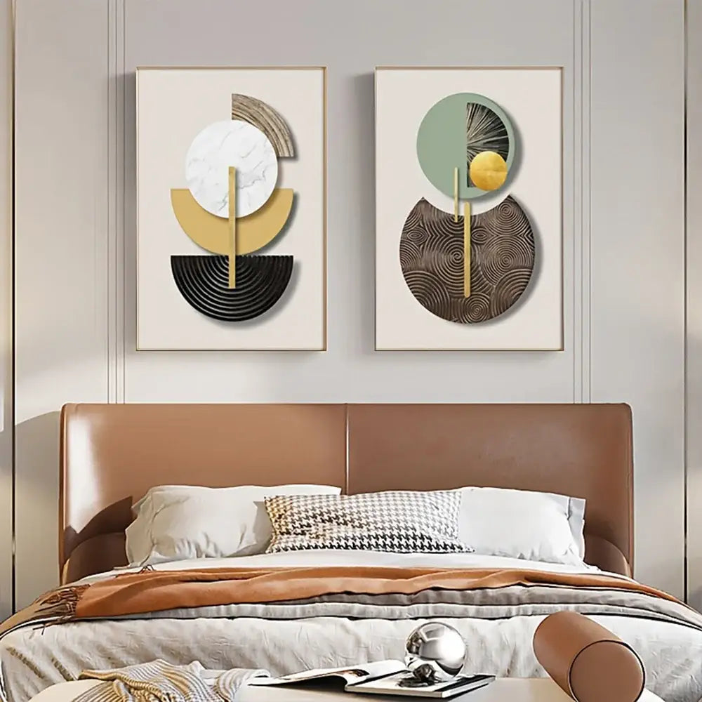 DecorBites™ abstract geometric canvas art set featuring two modern pieces with layered marble, gold, and black tones