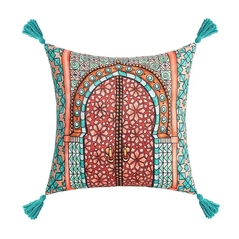 Square cushion cover featuring a terracotta and teal moroccan-style arched door with tassels for decorbites abstract geometric decor