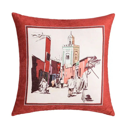 Red velvet cushion cover with decorbites abstract geometric moroccan street scene in coral and teal tassel decor