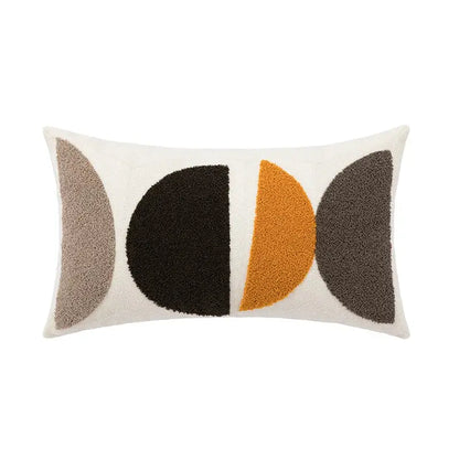 A cream-colored cushion cover with an abstract handmade knot design in beige black and mustard yellow decorbites decor