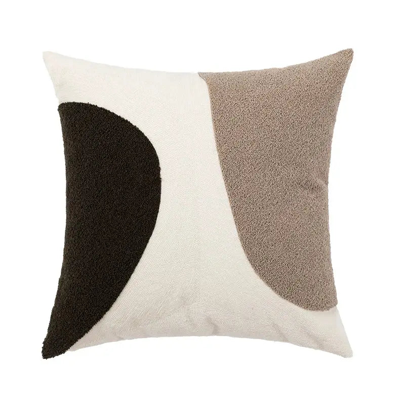 A modern cushion cover with plush abstract handmade knot design in black beige on off-white for living room decorbites decor