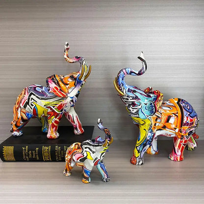 Glossy resin decorbites elephant resin art statue featuring vibrant graffiti-style abstract geometric design for living room decor