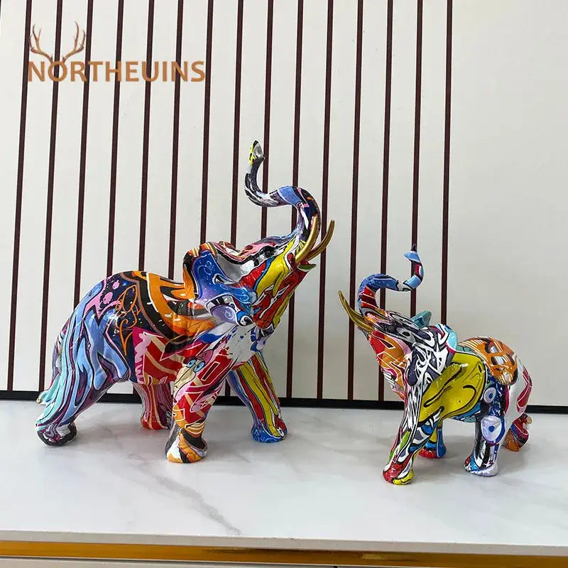 Vibrant abstract geometric elephant resin art statue with glossy finish for living room decor by decorbites elephant resin