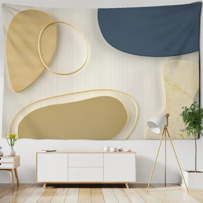 Modern abstract pattern tapestry wall hanging with layered gold and navy blue geometric shapes and marble texture decorbites 3d pattern