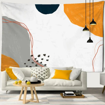 Abstract geometric orange and navy pattern tapestry wall hanging with bold shapes and black brushstroke decorbites 3d pattern