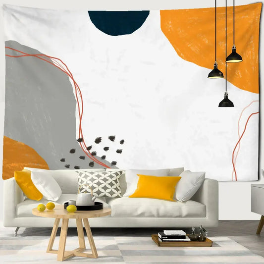 Abstract geometric orange and navy pattern tapestry wall hanging with bold shapes and black brushstroke decorbites 3d pattern