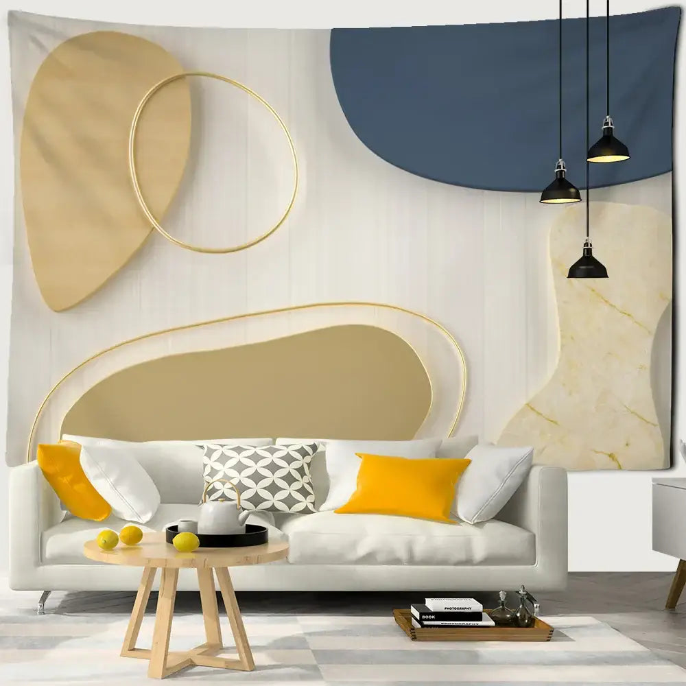 Abstract geometric orange and navy pattern tapestry wall hanging with beige navy blue and gold decorbites 3d pattern design