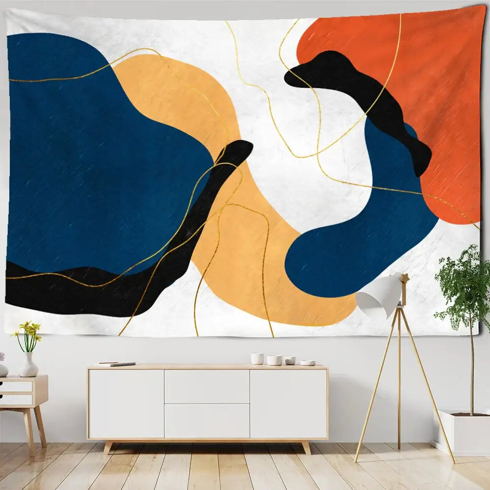 Abstract geometric orange and navy pattern tapestry wall hanging with bold blue and gold accents for living room decorbites 3d pattern