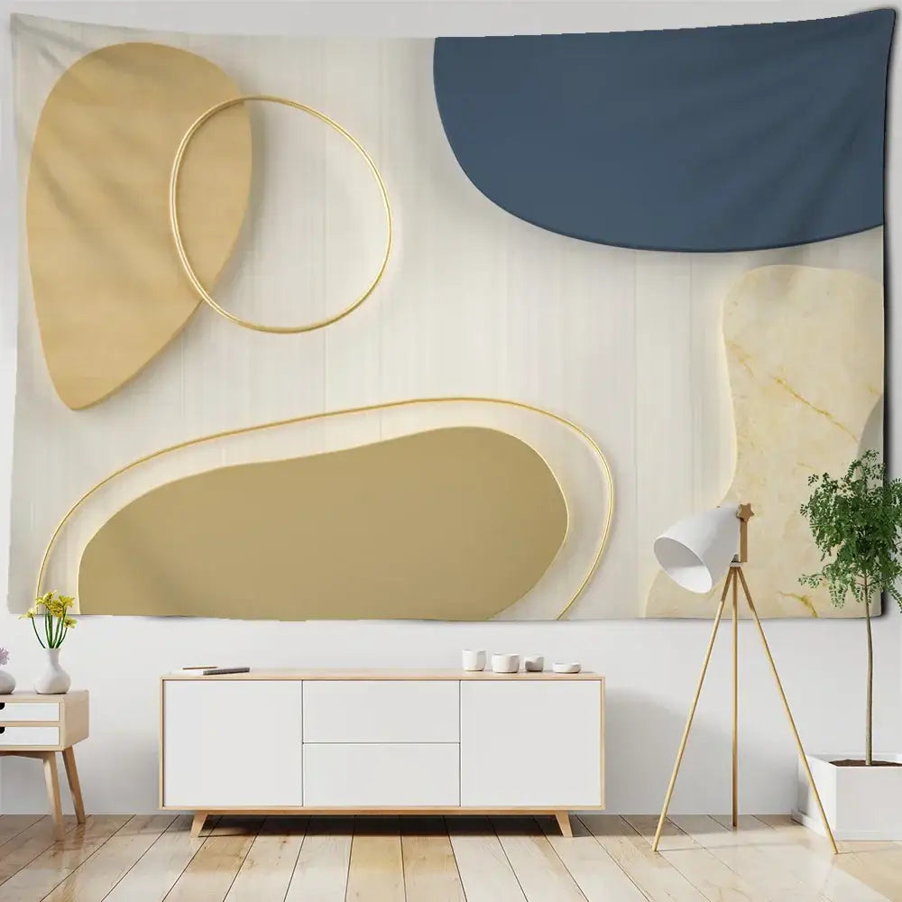 Modern abstract pattern tapestry wall hanging with layered gold and navy blue geometric shapes and subtle marble texture