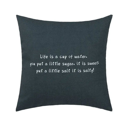 Dark gray square pillow cover with white embroidered life is a cup of water text decorbites abstract geometric print for living room decor