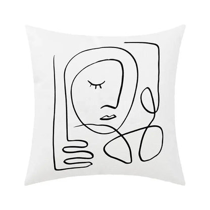 White square pillow cover with decorbites abstract geometric print featuring a black line abstract face for living room decor