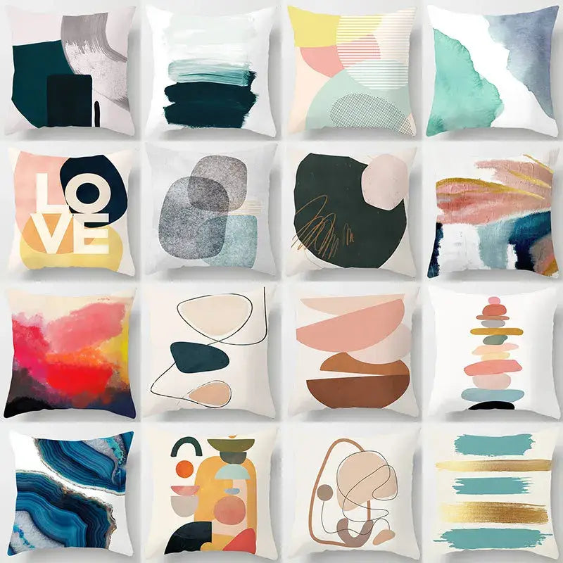 Modern abstract decorbites geometric stitch pillow cover with bold teal coral black gold and white geometric stitch print designs