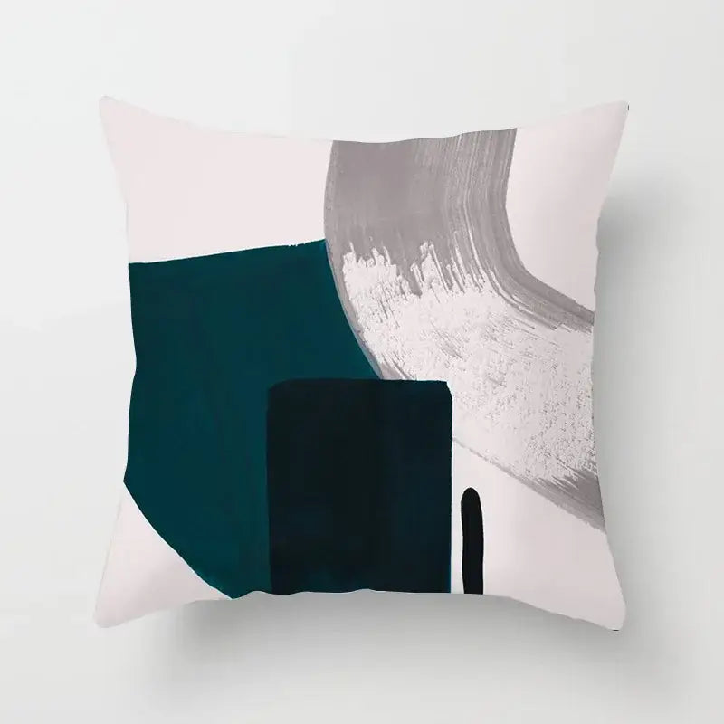 A modern abstract pillow cover with bold geometric stitch print in deep teal black and gray for living room decorbites decor
