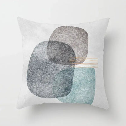 A square pillow cover with abstract geometric stitch print in gray blue green and beige for modern living room decorbites decor