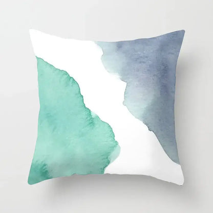 A square pillow cover with decorbites geometric stitch print featuring soft teal and muted blue on white background