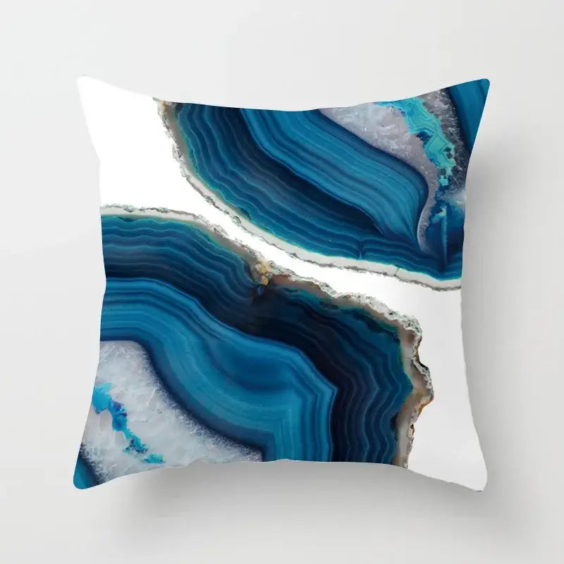 Square pillow cover with striking blue agate geometric stitch print in navy and teal for living room decorbites decor