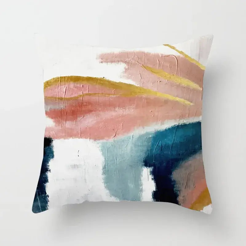 A square pillow cover with abstract geometric stitch print in soft pink gold teal and white for living room decorbites decor