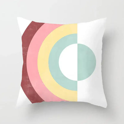 A square pillow cover with a soft pink yellow and mint green decorbites geometric stitch print for living room decor