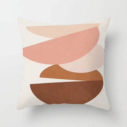 A square throw pillow cover with a decorbites geometric stitch print in soft peach, terracotta, and cream tones