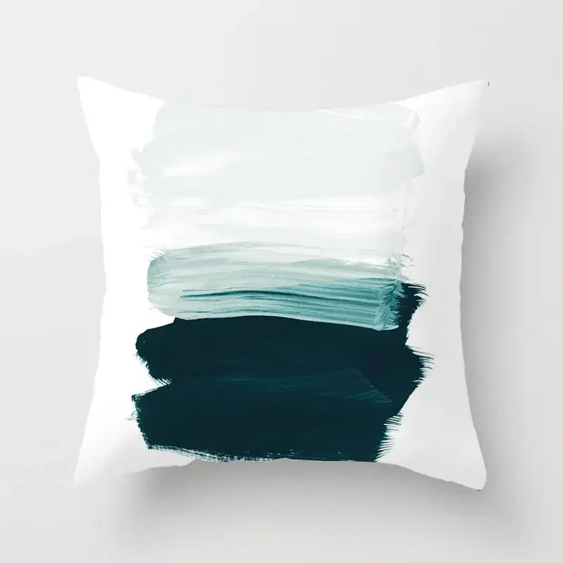 White throw pillow cover with abstract teal and dark green brushstroke decorbites geometric stitch print for living room decor