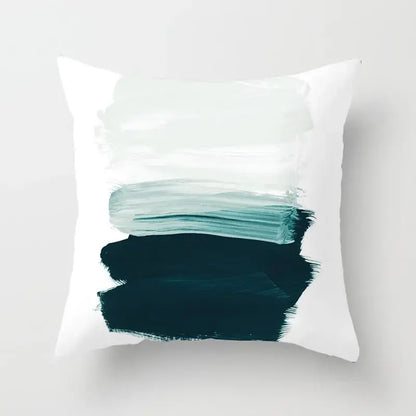 White throw pillow cover with abstract teal and dark green brushstroke decorbites geometric stitch print for living room decor