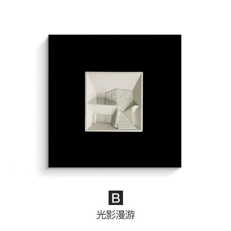 Off-white 3d sculptural wall decoration with abstract geometric stairs on black background decorbites abstract geometric wall