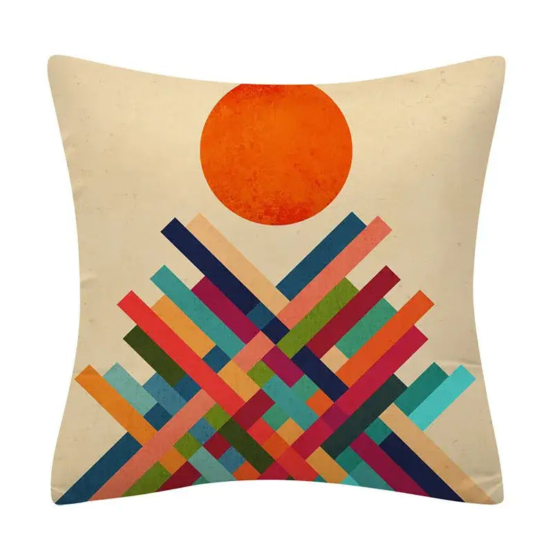 Square throw pillow with beige background and decorbites geometry pattern featuring colorful stripes and textured orange circle cushion cover