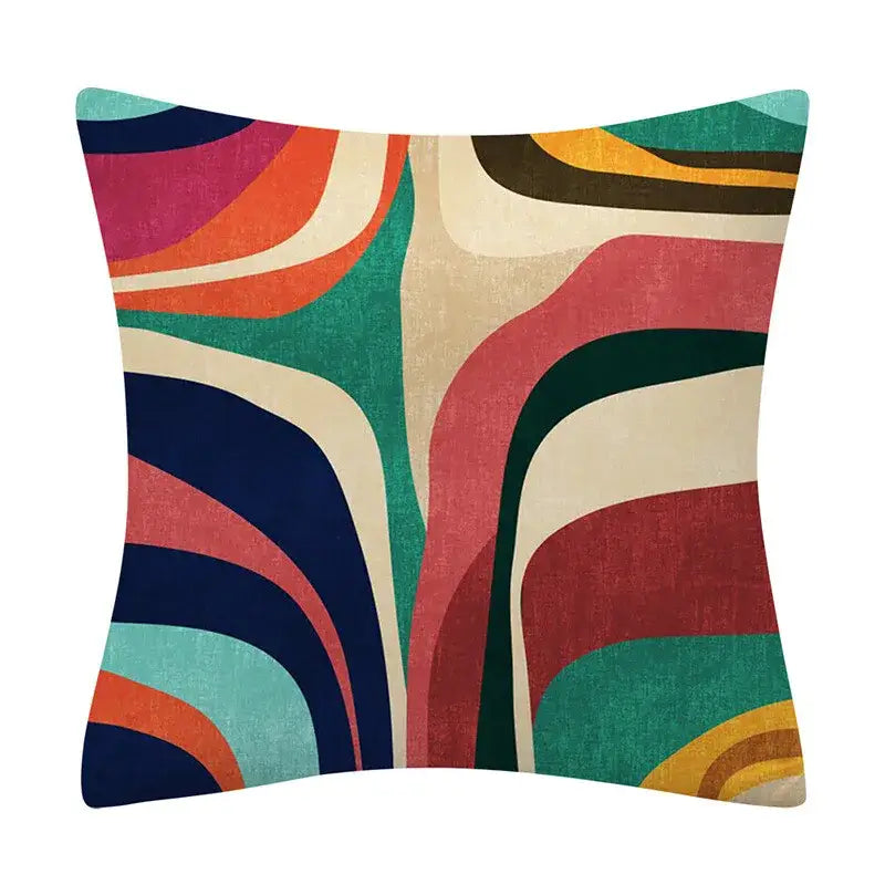 Vibrant decorbites geometry pattern cushion cover with flowing curves in bold red teal navy and cream tones