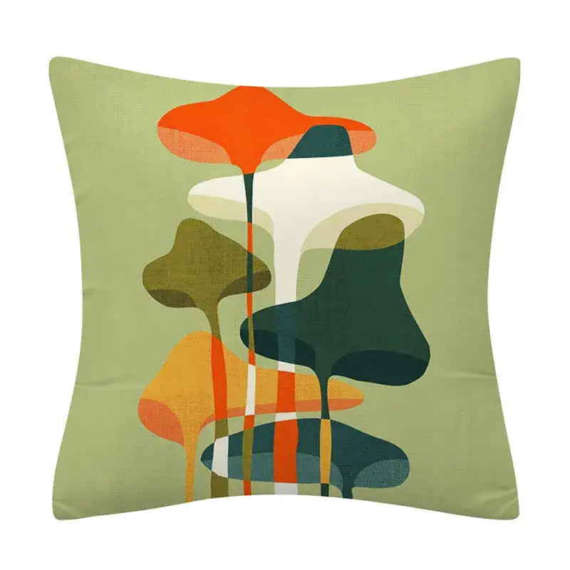 Square cushion cover with decorbites geometry pattern in orange white olive green and dark teal on light sage background