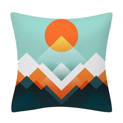 Abstract geometry pattern cushion cover featuring a modern geometric mountain landscape with orange sun and teal sky for decorbites geometry pattern decor