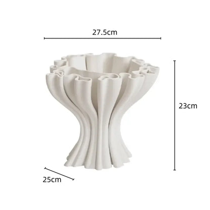 White abstract geometry ceramic triple opening vase with ruffled fluted design for living room decorbites decor