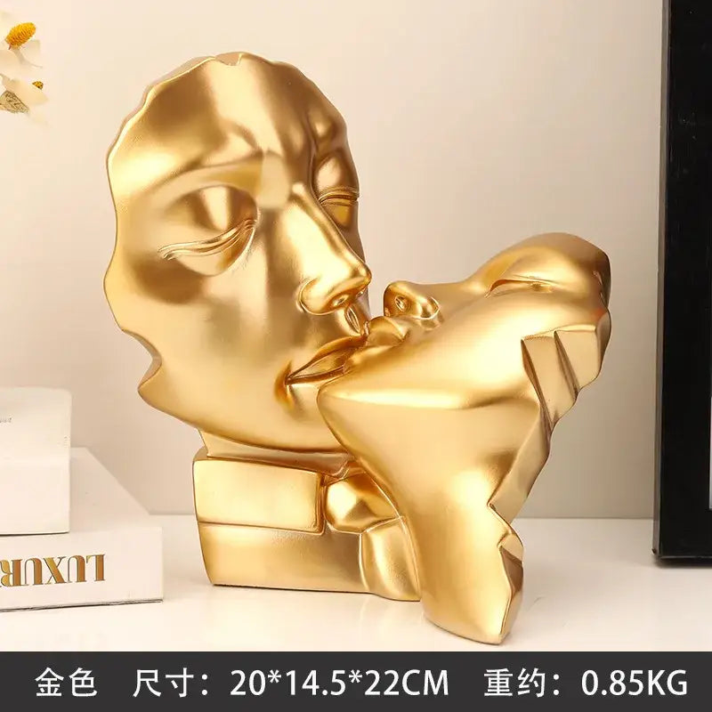 Golden metallic abstract gold head couple sculpture with smooth contours and glossy finish for living room decorbites decor