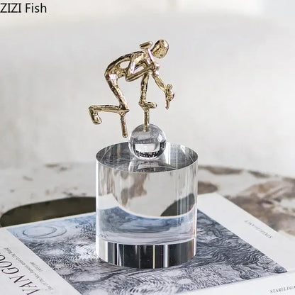 Abstract gold-colored intertwined figures desk decorbites crystal sculpture on acrylic base for living room display