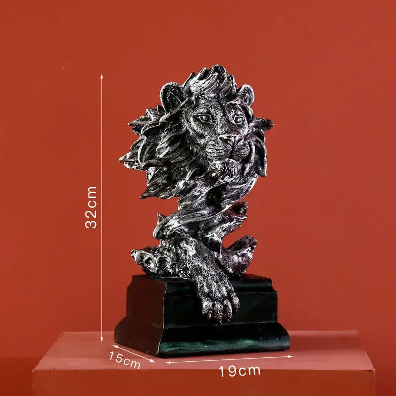 Silver-toned lion resin sculpture figurine with detailed mane on dark green marble base for decorbites lion resin decor