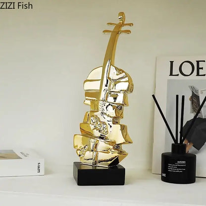 Golden violin sculpture in glossy ceramic with sleek black base ideal for living room decorbites golden violin decor