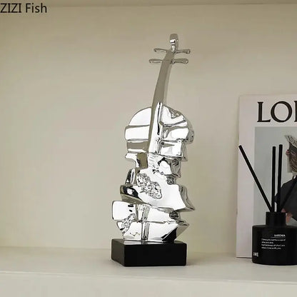 Shiny silver abstract violin sculpture with geometric facets on black base for decorbites golden violin living room decor