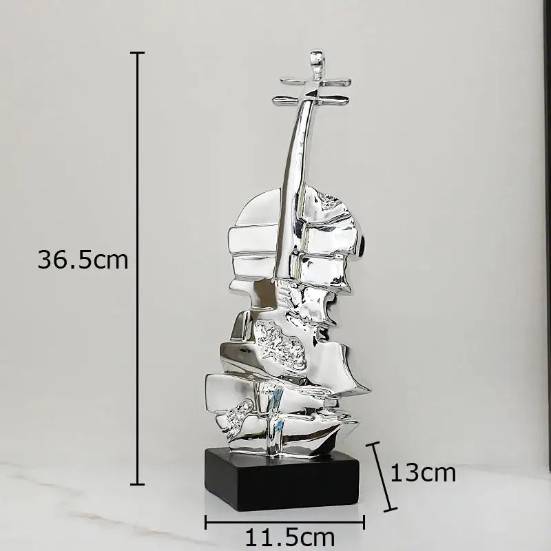 Shiny silver abstract violin sculpture on black base for living room table decorbites golden violin sculpture