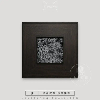 Dark wood-framed square decorbites fur decorative painting with textured black and silver metallic leaf design for living room decor