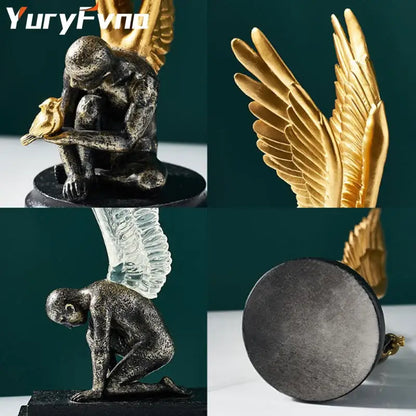 Bronze abstract golden character winged angel resin statue with golden and transparent wings on black base for decorbites decor