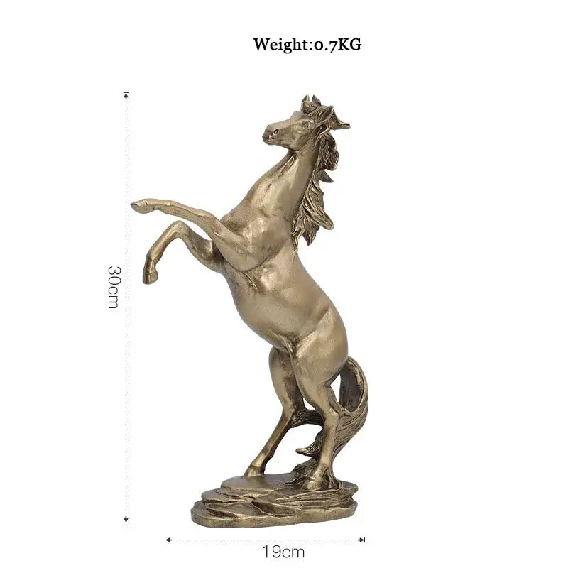Bronze-colored metallic horse resin statue with detailed mane and tail on rocky base for elegant living room decor