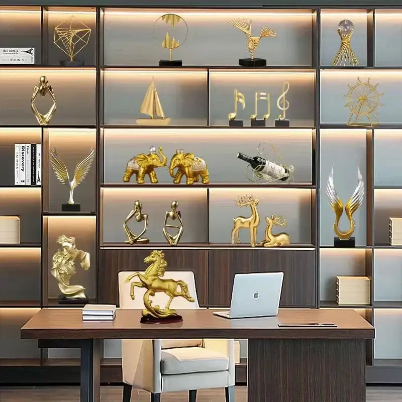 Golden horse figurine resin statue with dynamic rearing pose and glossy finish for living room decor