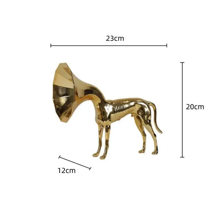 Abstract golden trumpet dog sculpture in metallic finish 23cm long 20cm tall for living room decor