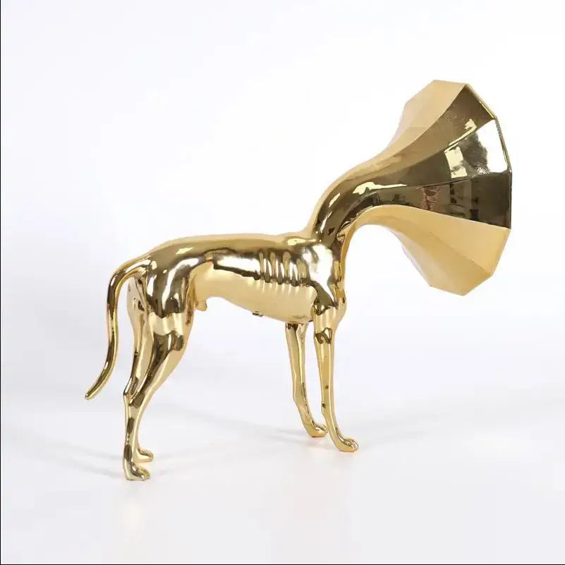 Abstract golden trumpet dog sculpture featuring a geometric faceted gramophone horn head for living room decor