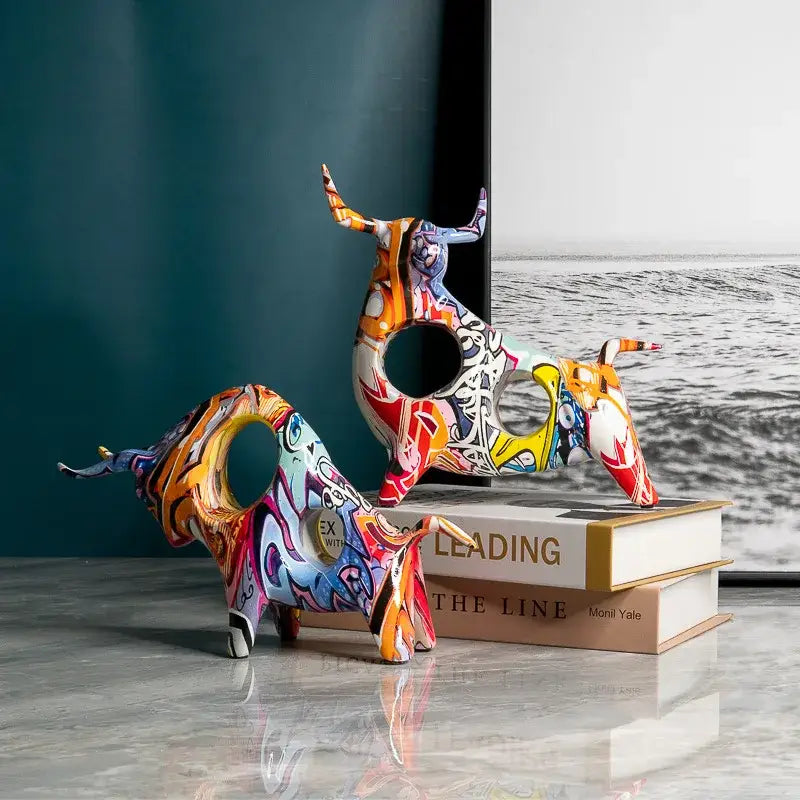 Vibrant decorbites colorful bull ceramic statue with bold orange yellow and blue swirls for living room decor