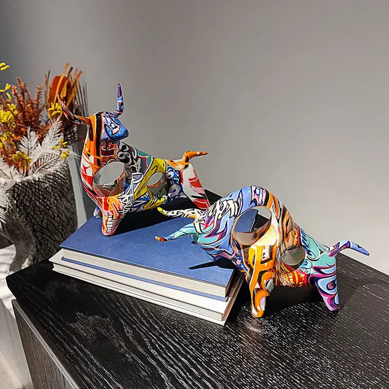 Vibrant abstract graffiti ceramic colorful bull statue with bold orange and blue accents for living room decorbites decor