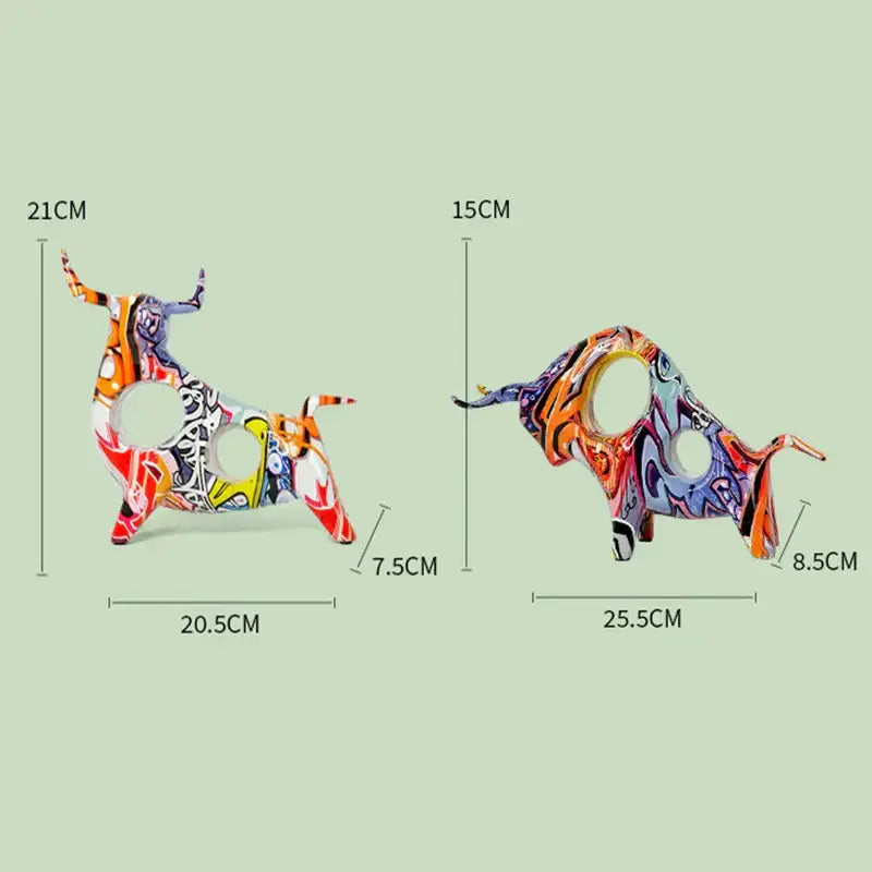 Vibrant graffiti ceramic colorful bull statue with bold orange purple and blue swirls for living room decorbites decor