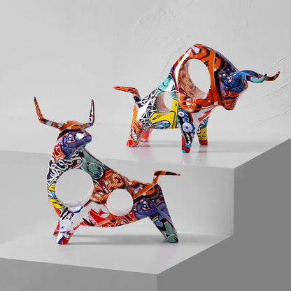 Vibrant graffiti-style colorful bull statue ceramic decorbites bull statue with bold orange and blue accents for living room decor