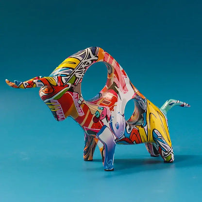 Vibrant decorbites colorful bull statue with bold red yellow and blue graffiti patterns on glossy ceramic surface for decor