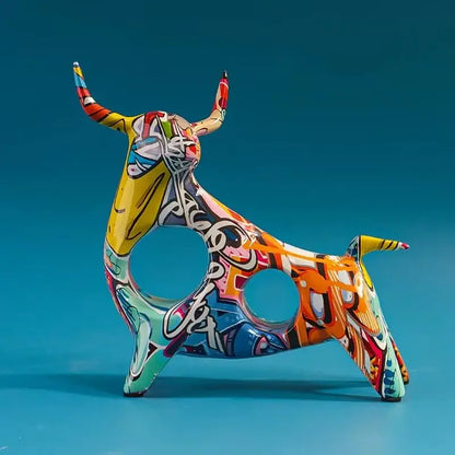 Vibrant decorbites colorful bull ceramic statue with bold yellow orange and blue abstract patterns for living room decor