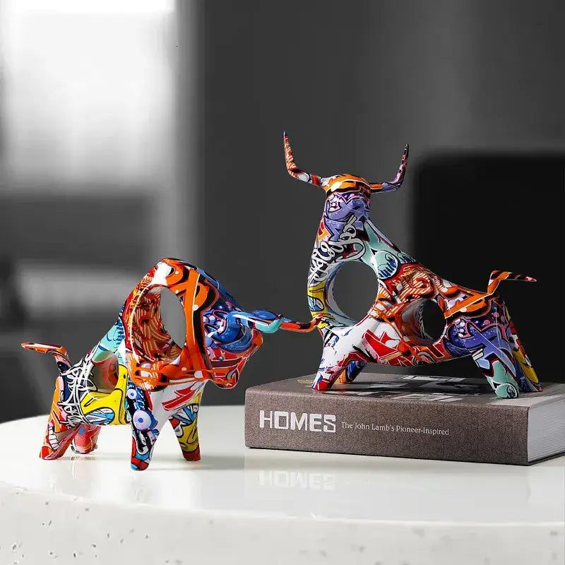 Two vibrant graffiti ceramic colorful bull statues with bold orange and blue patterns for living room decor